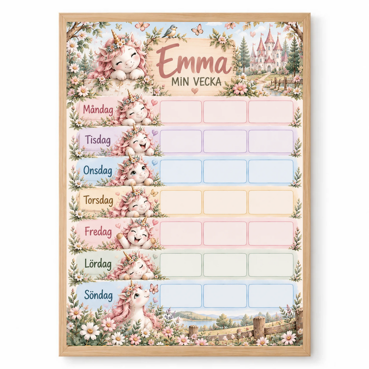 Wochenplan für Kinder mit Namen – Motiv Einhorn