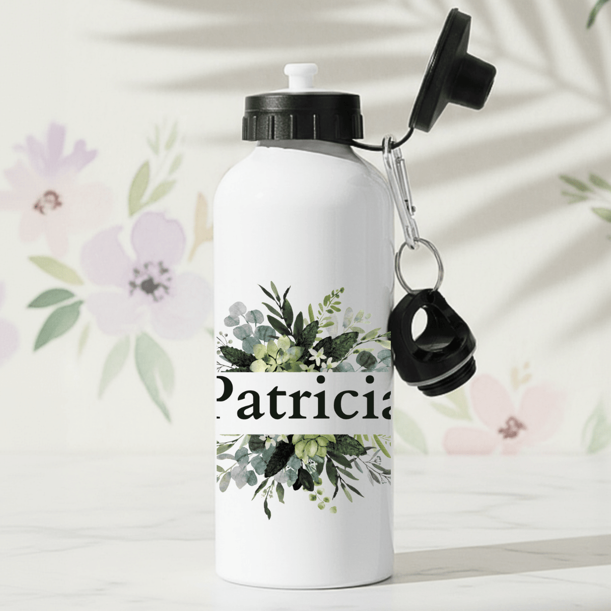 Grüne Blätter und Eukalyptus – personalisierte Trinkflasche mit Namen