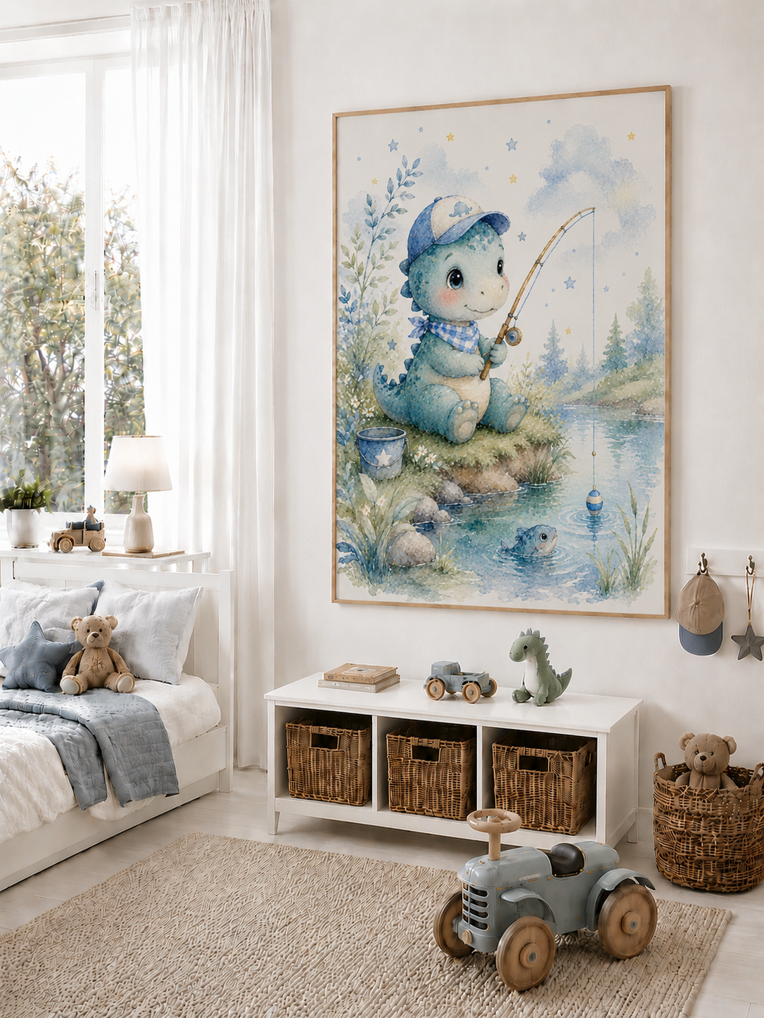 Angelnder Dinosaurier Kinderposter – Aquarell-Kinderbild fürs Jungenzimmer