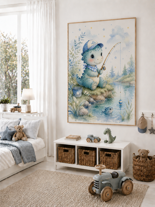 Angelnder Dinosaurier Kinderposter – Aquarell-Kinderbild fürs Jungenzimmer