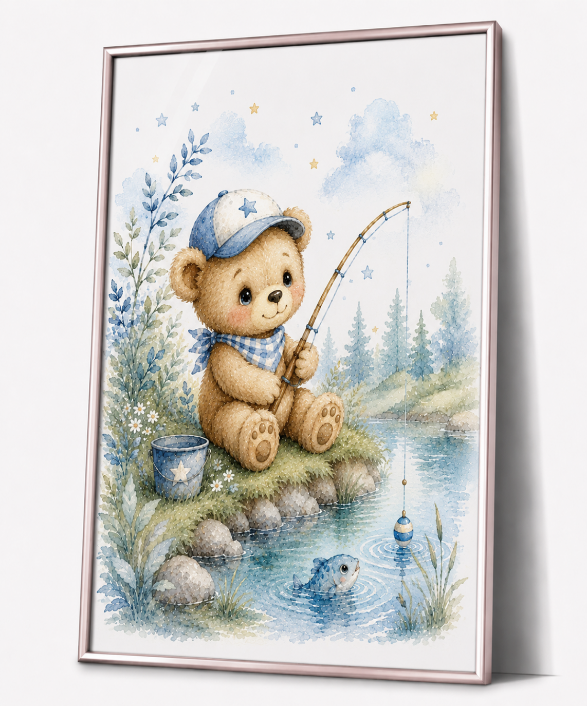 Angelnder Teddy Kinderposter – Aquarellbild für das Jungenzimmer