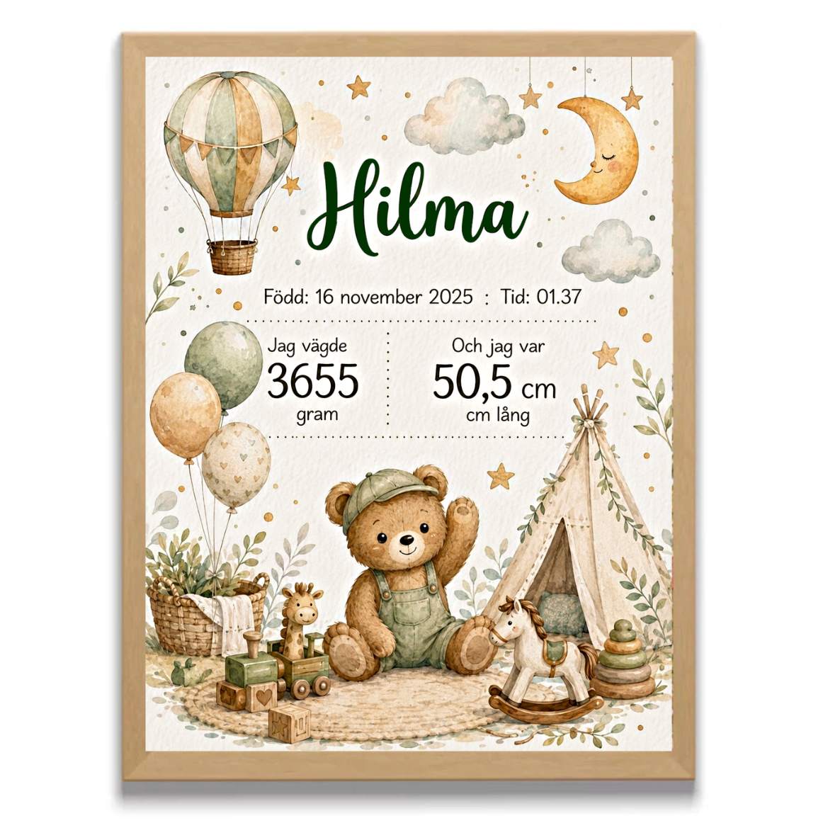 Personlig födelsetavla – Boho – Doptavla med nalle och tipi