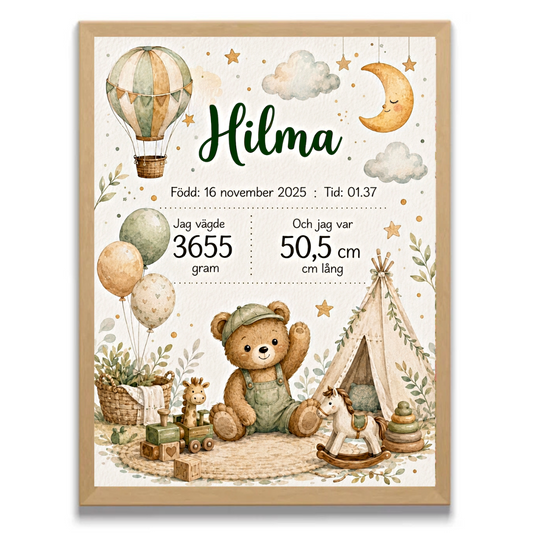 Personlig födelsetavla – Boho – Doptavla med nalle och tipi