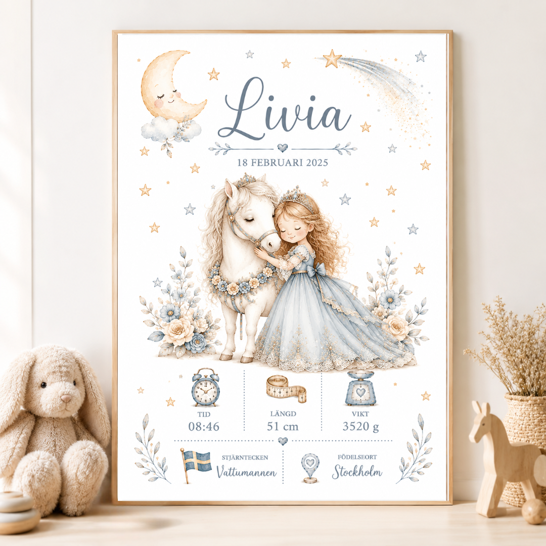 Personlig födelsetavla med prinsessa och ponny – flicka