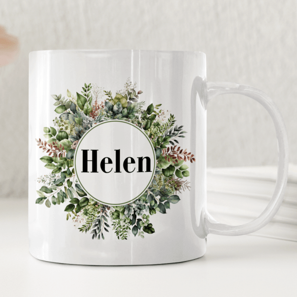 Personlig mugg – Grön bladkrans – mugg med namn