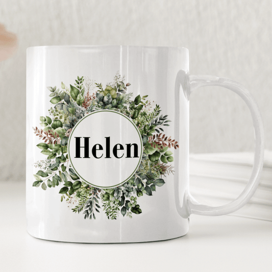 Personlig mugg – Grön bladkrans – mugg med namn