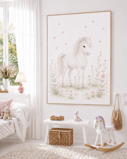 Weißes Pferd Kinderposter – Aquarellbild fürs Mädchenzimmer