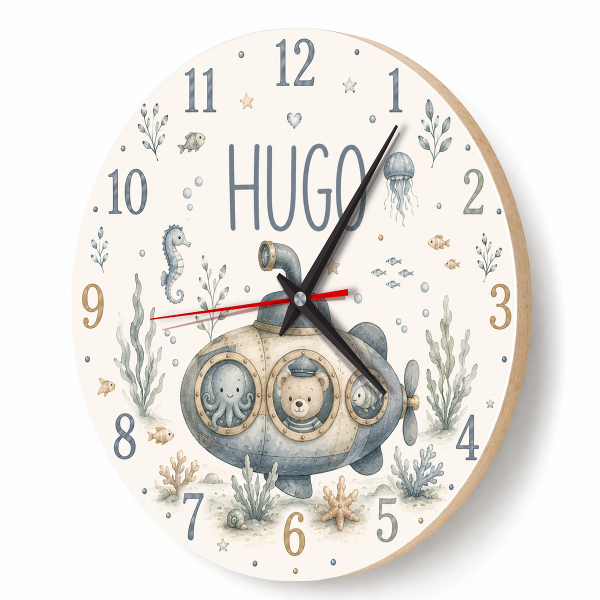 Kinderwanduhr mit U-Boot und Meerestieren – lautlos