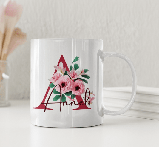 Personlig mugg – Rosa blommor – blommig mugg med namn