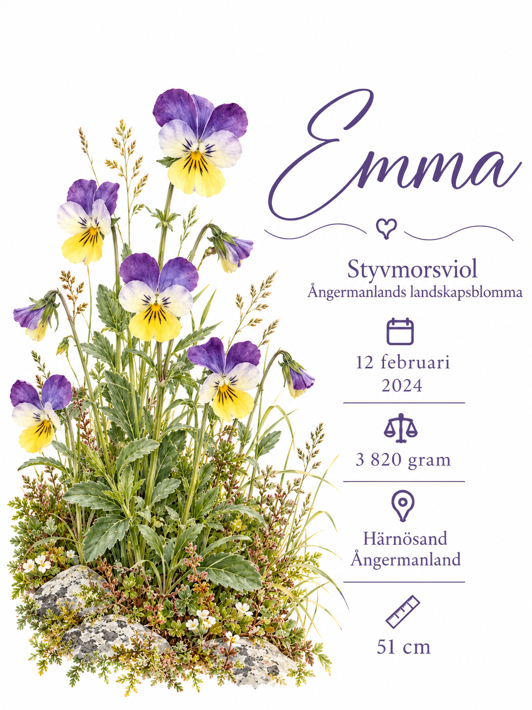 Födelsetavla med styvmorsviol utan ram – personlig doptavla med namn