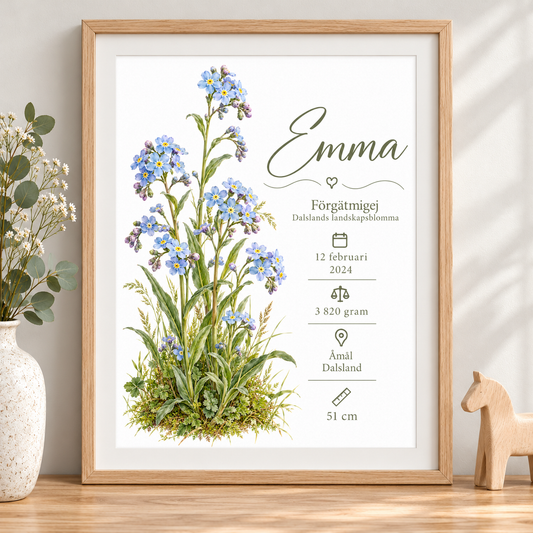 Födelsetavla med förgätmigej, Dalslands landskapsblomma, i ekmönstrad ram