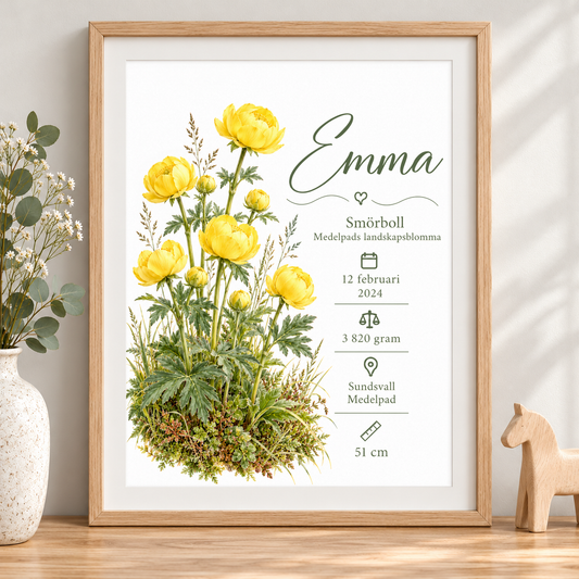 Födelsetavla med smörboll, Medelpads landskapsblomma, i ekmönstrad ram
