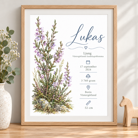 Födelsetavla med ljung, Västergötlands landskapsblomma, i ekmönstrad ram