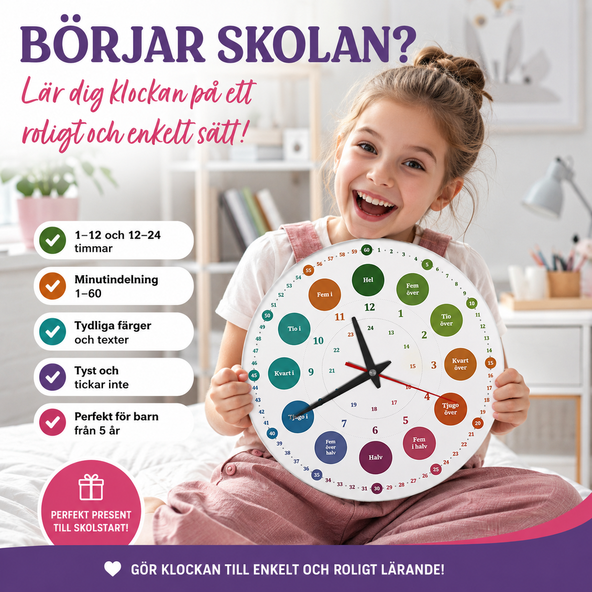Lär dig klockan – 24-timmarsklocka för barn – 24-timmars urtavla – pedagogisk analog väggklocka – tystgående