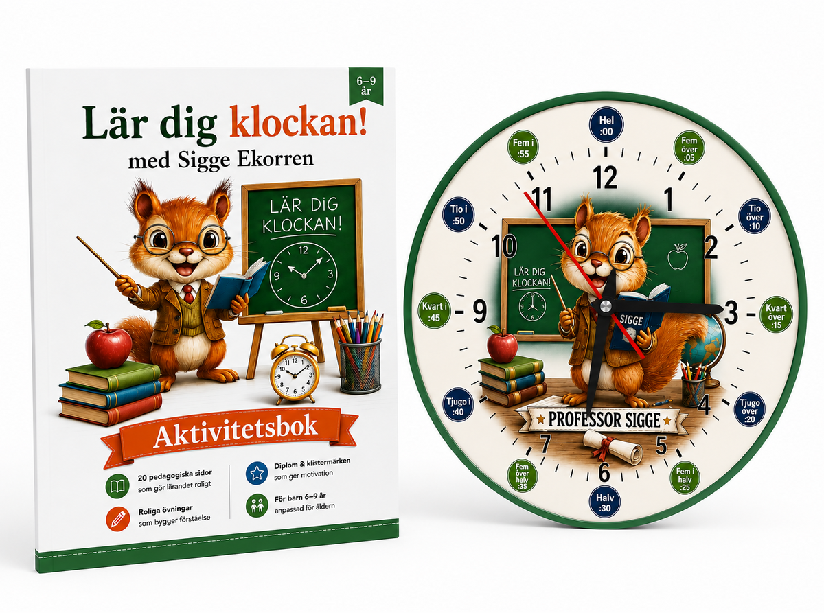 Komplett lärpaket – Väggklocka + Aktivitetsbok med Sigge Ekorren