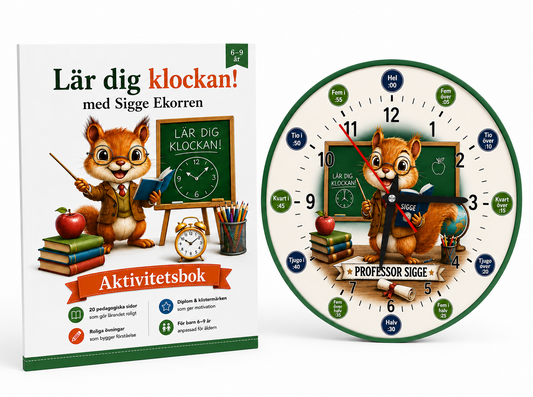 Komplett lärpaket – Väggklocka + Aktivitetsbok med Sigge Ekorren