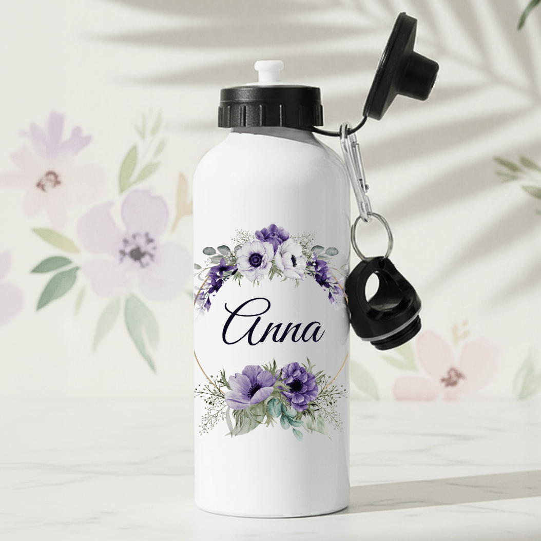 Lila Blumen – personalisierte Trinkflasche mit Namen