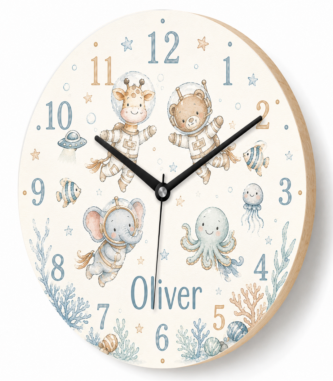 Meerestiere-Wanduhr für das Kinderzimmer – Pastell – lautlos