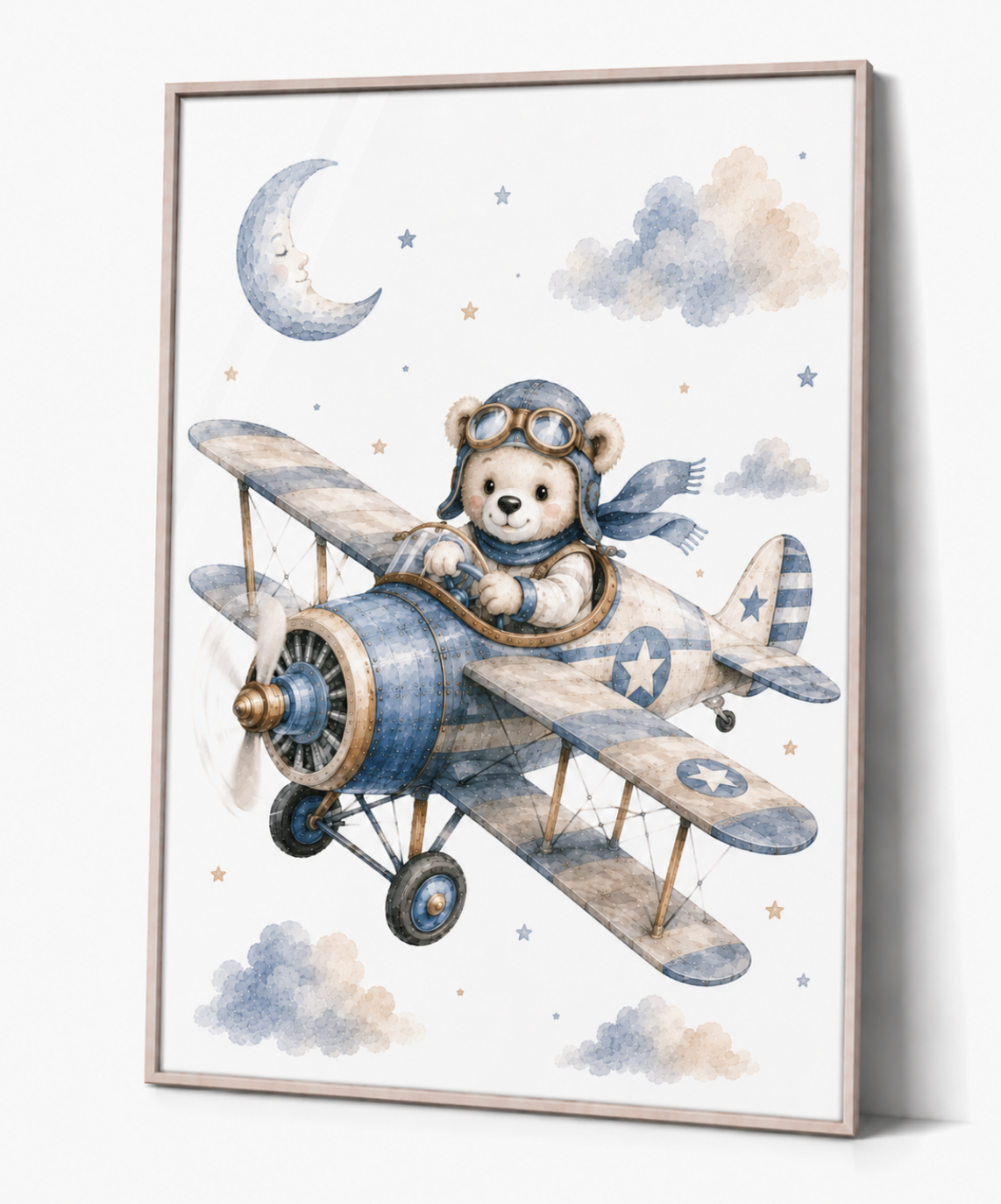Teddy als Pilot Kinderposter – Aquarellbild für das Kinderzimmer