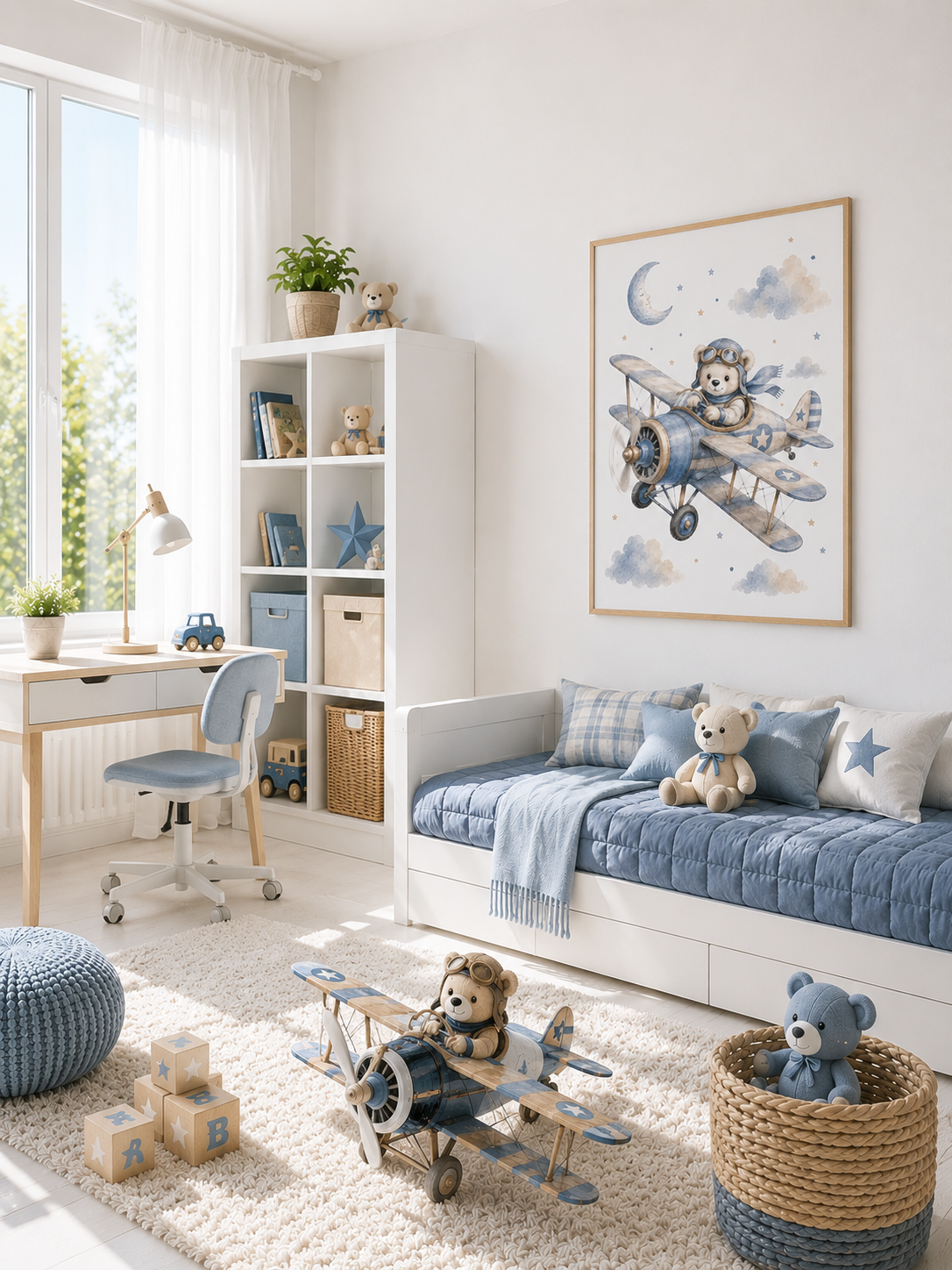 Teddy als Pilot Kinderposter – Aquarell-Kinderbild fürs Kinderzimmer