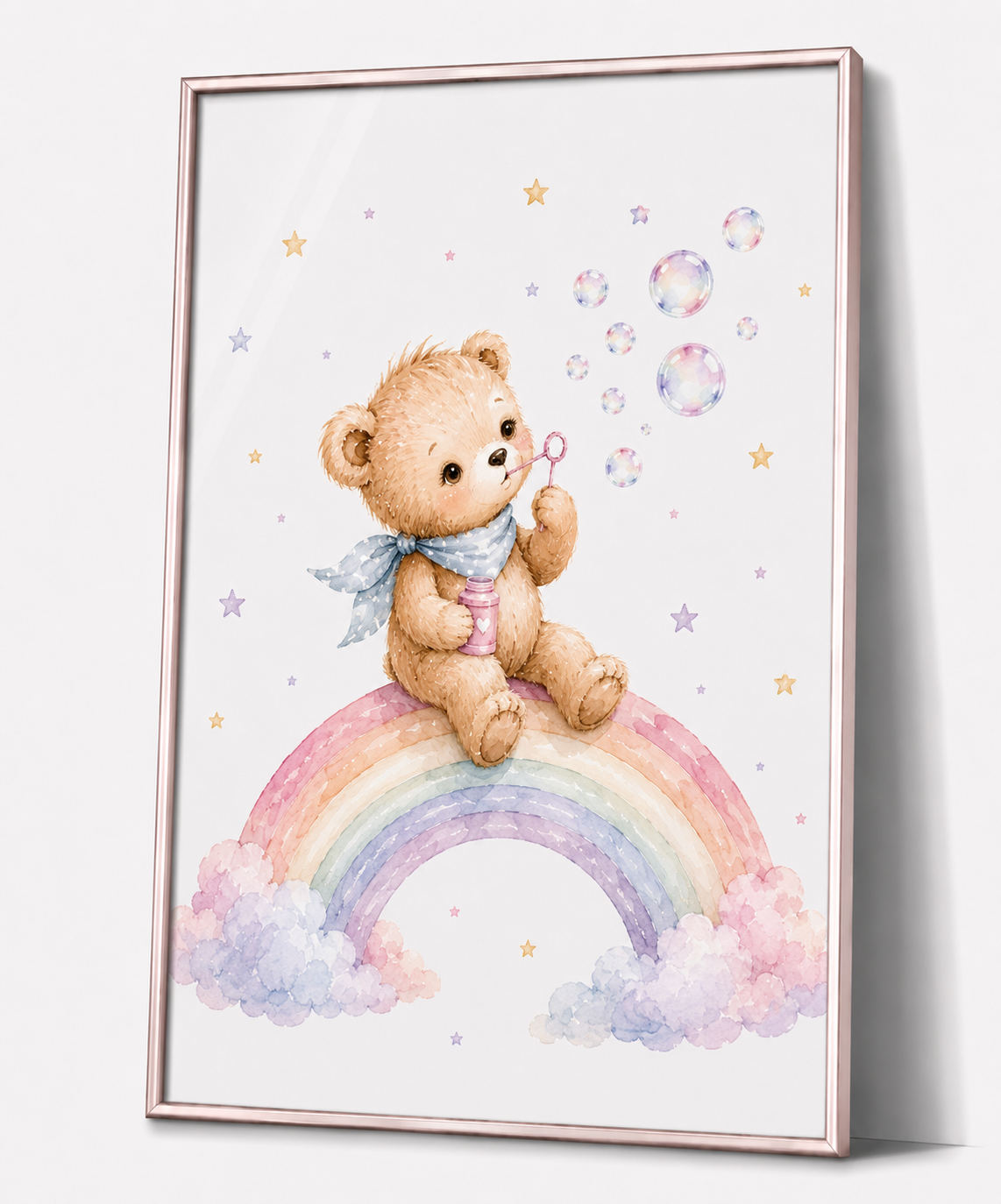 Teddy mit Regenbogen Kinderposter – Aquarellbild für das Kinderzimmer