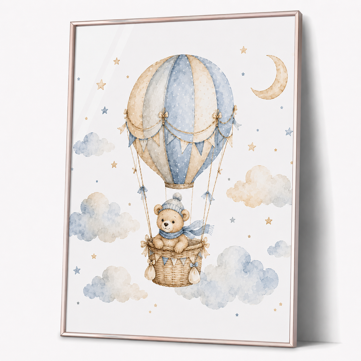Teddy im Heißluftballon Kinderposter – Aquarell-Kinderbild fürs Jungenzimmer
