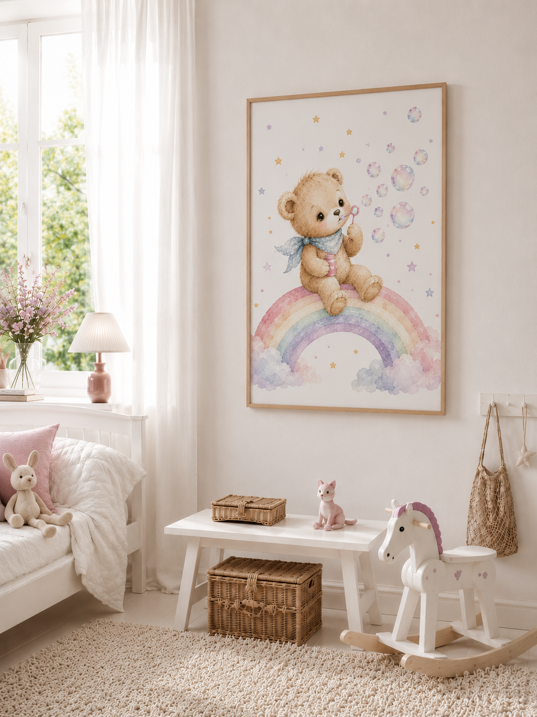 Teddy mit Regenbogen Kinderposter – Aquarell-Kinderbild fürs Kinderzimmer