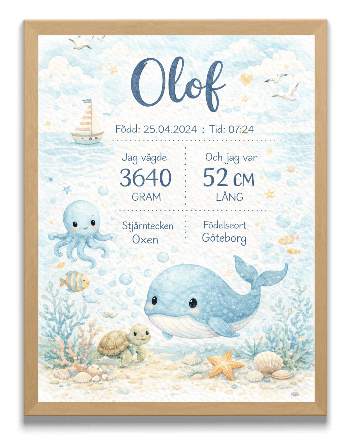 Personalisiertes Geburtsposter – Meerestiere – Taufbild für Kinder