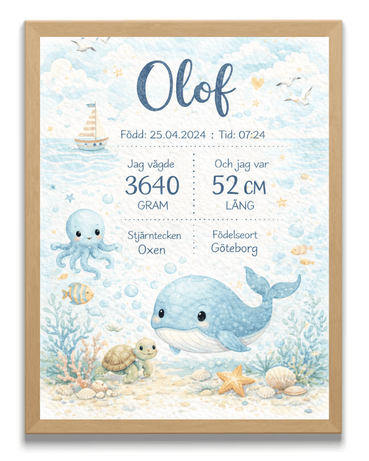 Personlig födelsetavla – Havsdjur – doptavla för barn