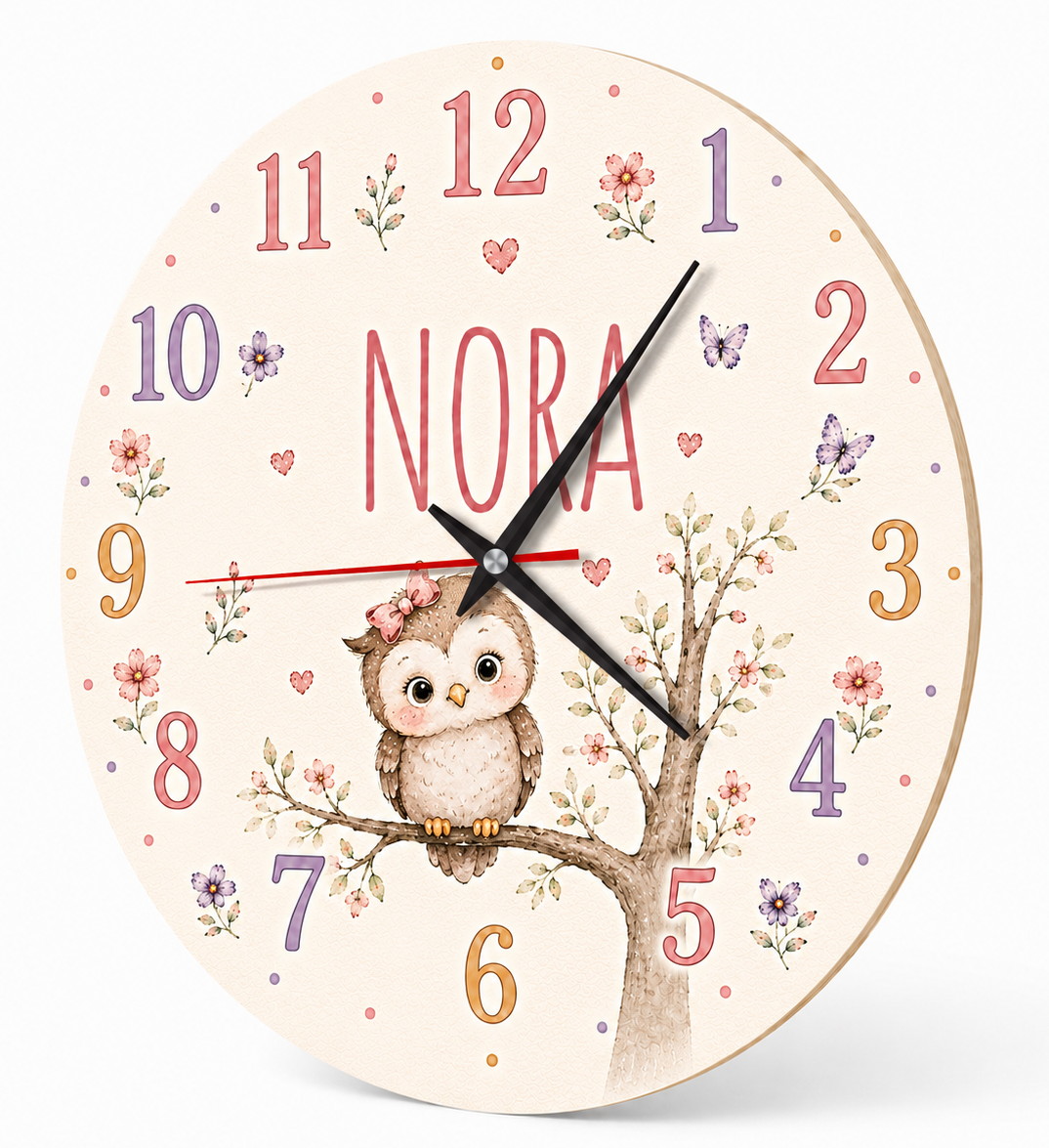 Kinderwanduhr mit Eule in Pastell – lautlos