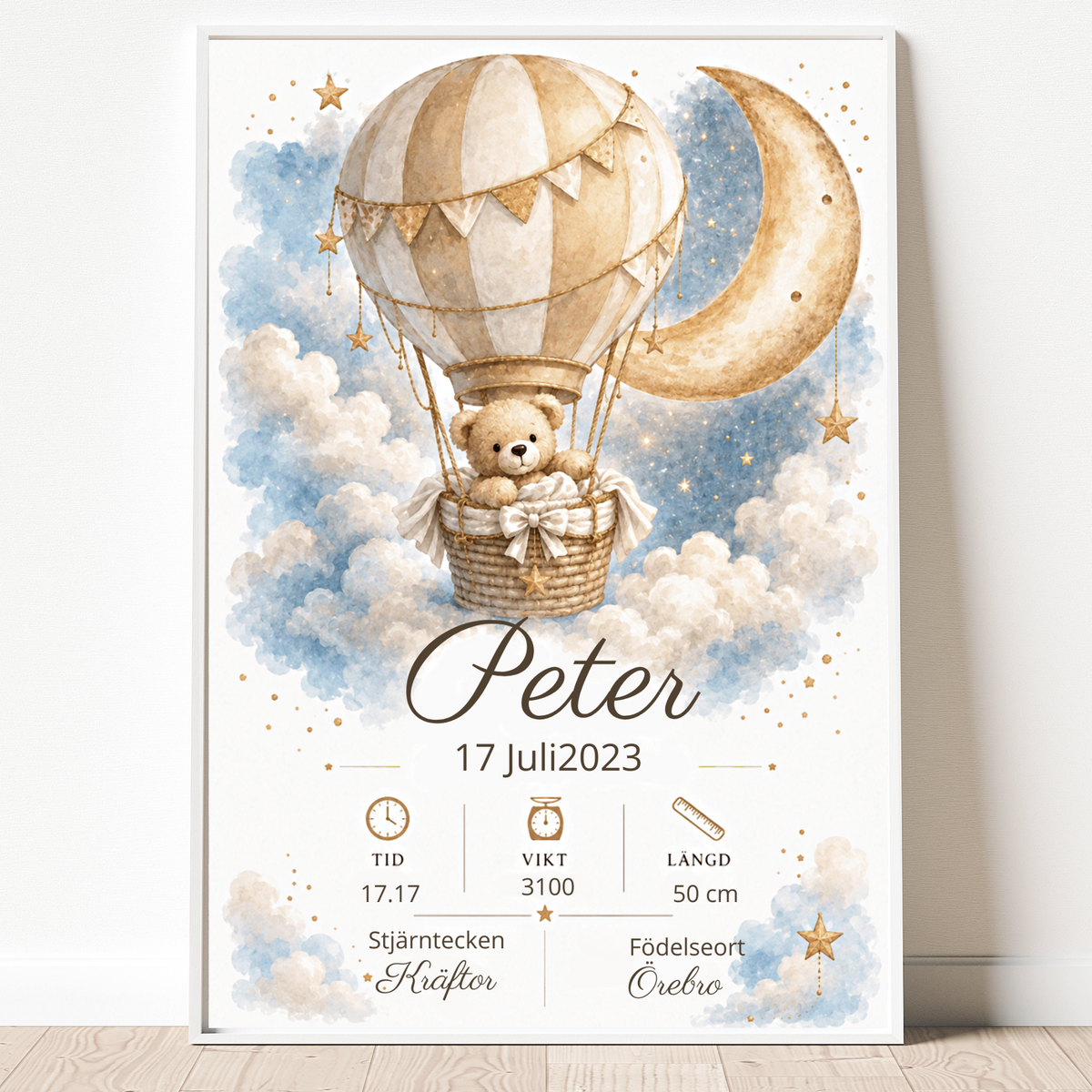 Personalisiertes Geburtsposter – Teddy im Heißluftballon – Taufbild