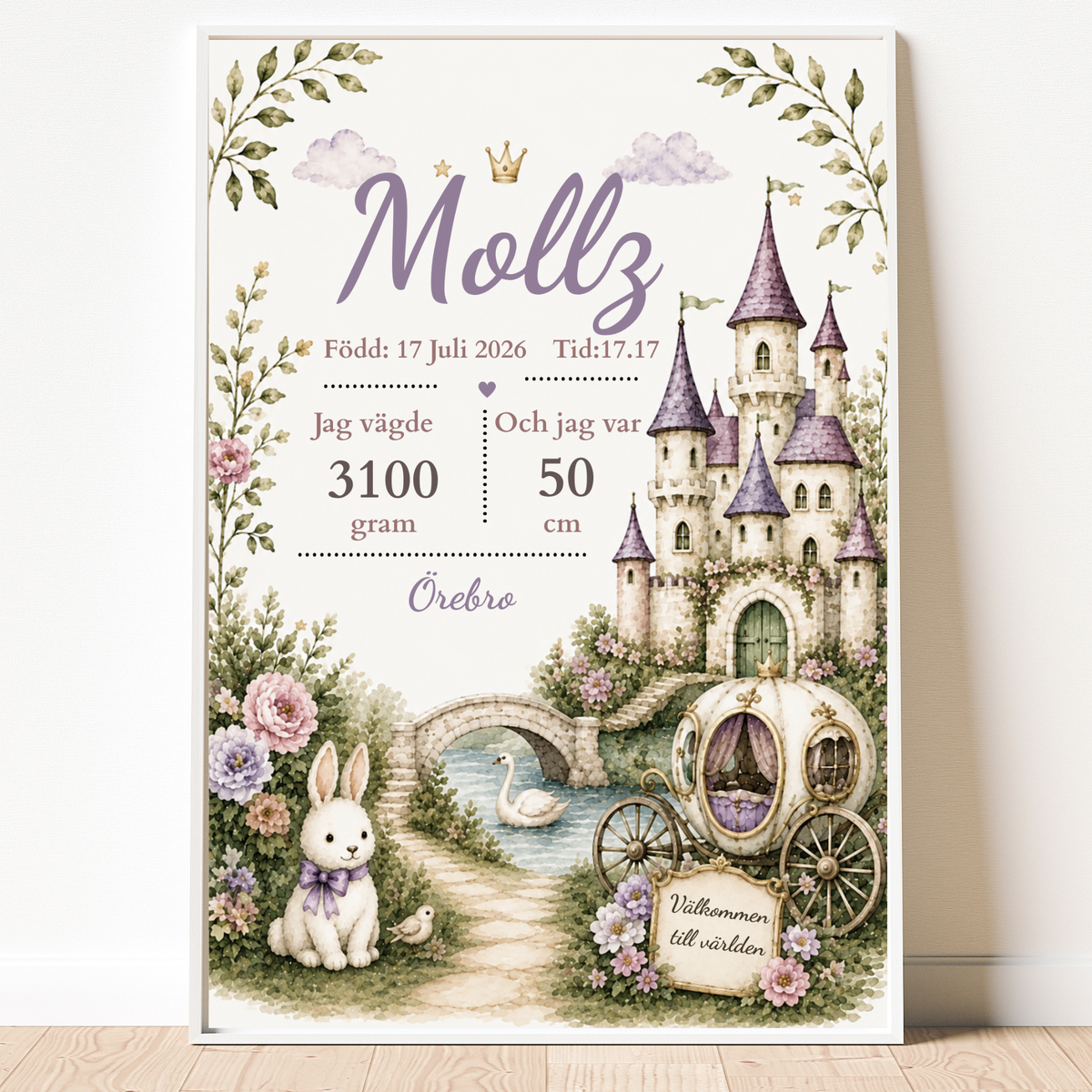 Personalisiertes Geburtsposter – Prinzessin – Taufbild mit Märchenschloss und Kutsche