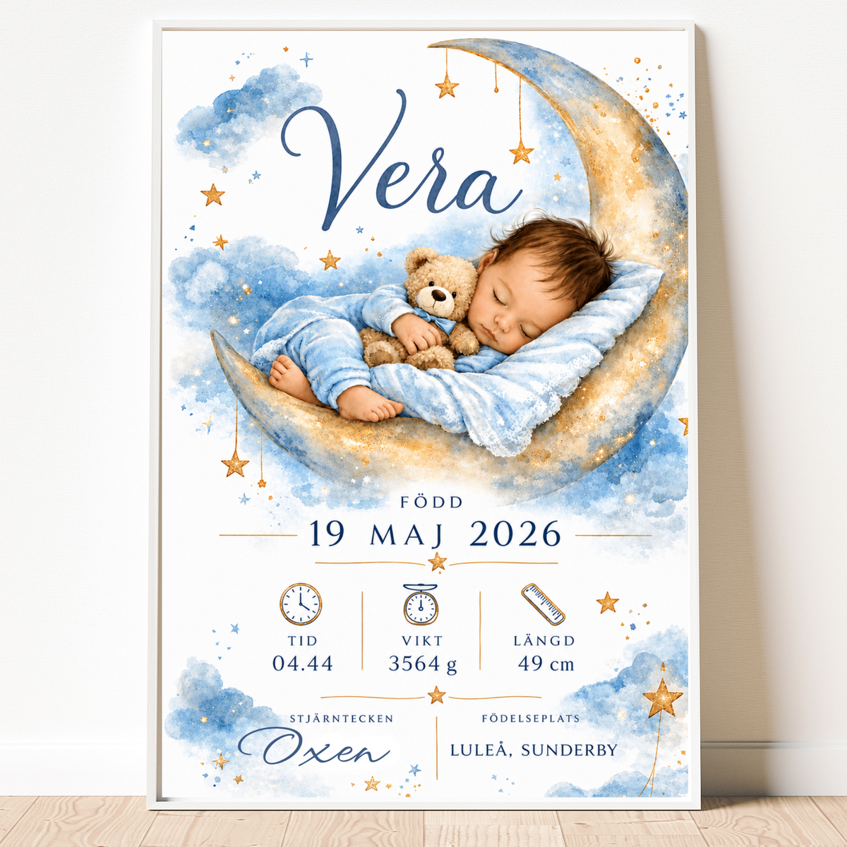 Personalisiertes Geburtsposter – Kleiner Stern – Taufbild mit Mond und Sternen