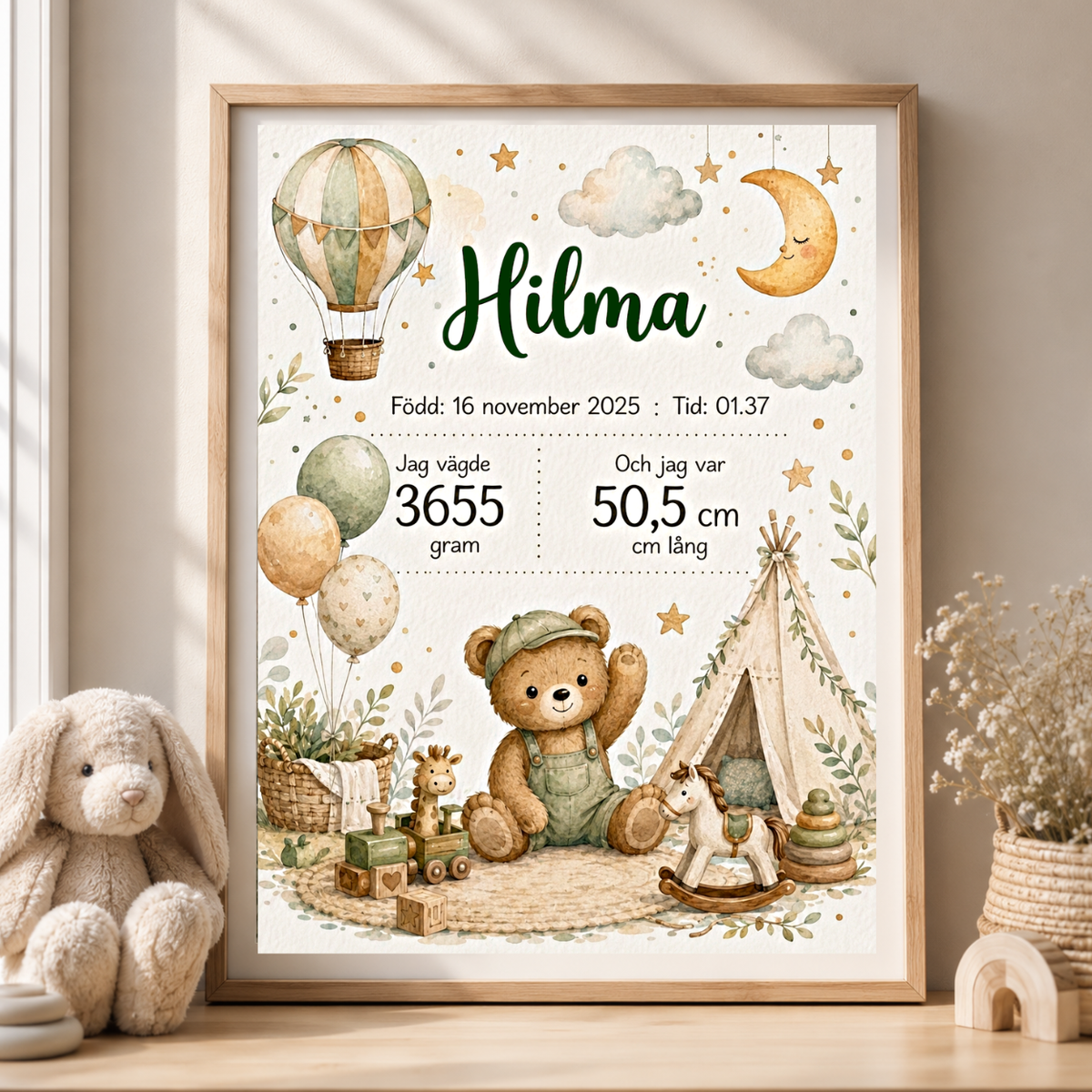 Personlig födelsetavla – Boho – Doptavla med nalle och tipi