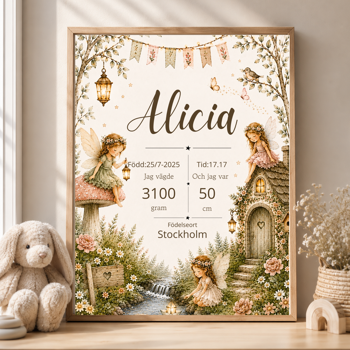 Personlig födelsetavla – Blomsterälva i sagoträdgård – doptavla