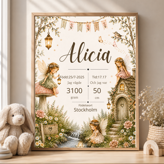 Personlig födelsetavla – Blomsterälva i sagoträdgård – doptavla