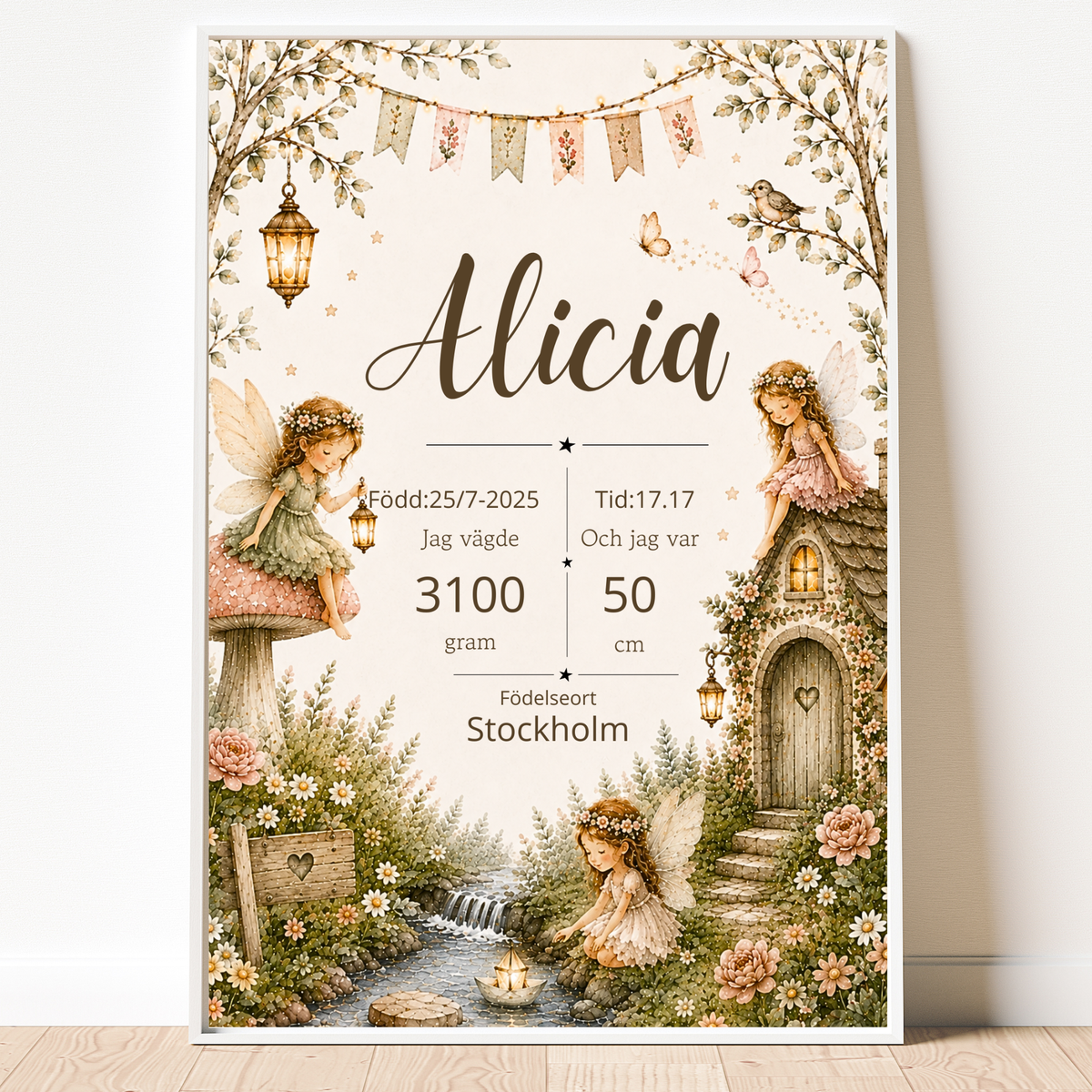 Personalisiertes Geburtsposter – Blumenelfe im Märchengarten – Taufbild