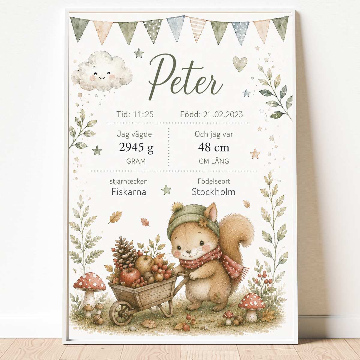 Personalisiertes Geburtsposter – Eichhörnchen – Taufbild mit süßem Eichhörnchen im Herbstdesign