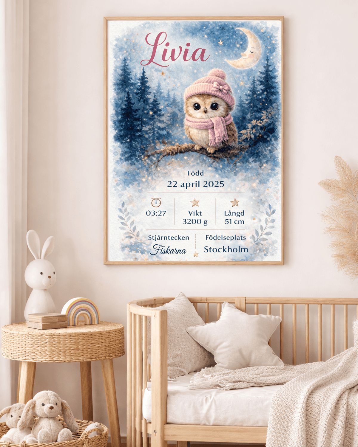 Personlig födelsetavla – Rosa uggla med halsduk – doptavla