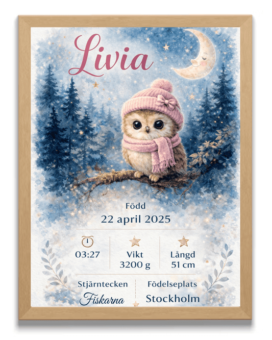 Personlig födelsetavla – Rosa uggla med halsduk – doptavla