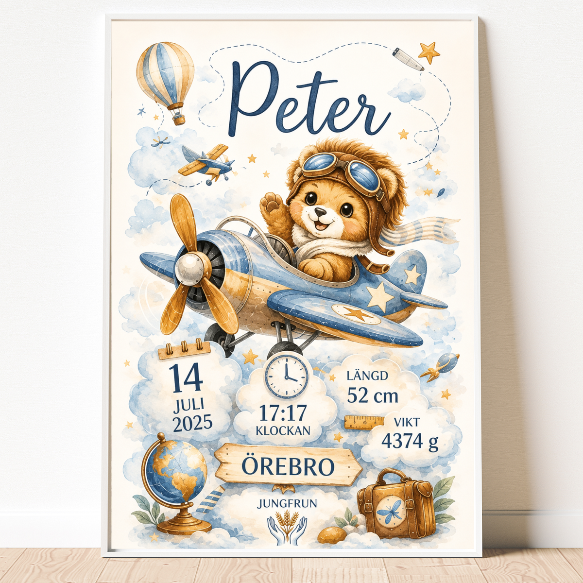 Personalisiertes Geburtsposter – Flieger – Taufbild mit Flugzeug
