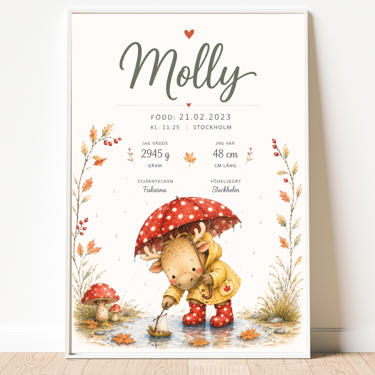 Personalisiertes Geburtsposter – Elch mit Regenschirm – Taufbild im Herbstdesign