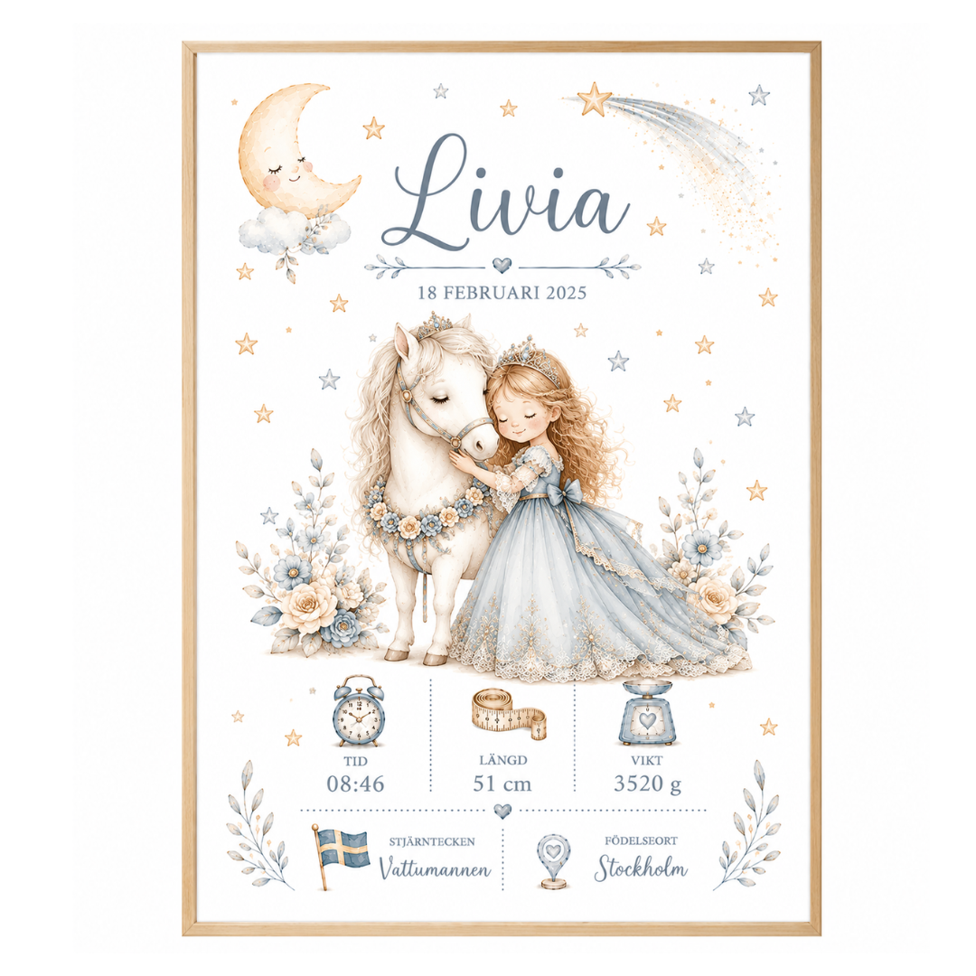 Personalisiertes Geburtsposter mit Prinzessin und Pony – Mädchen