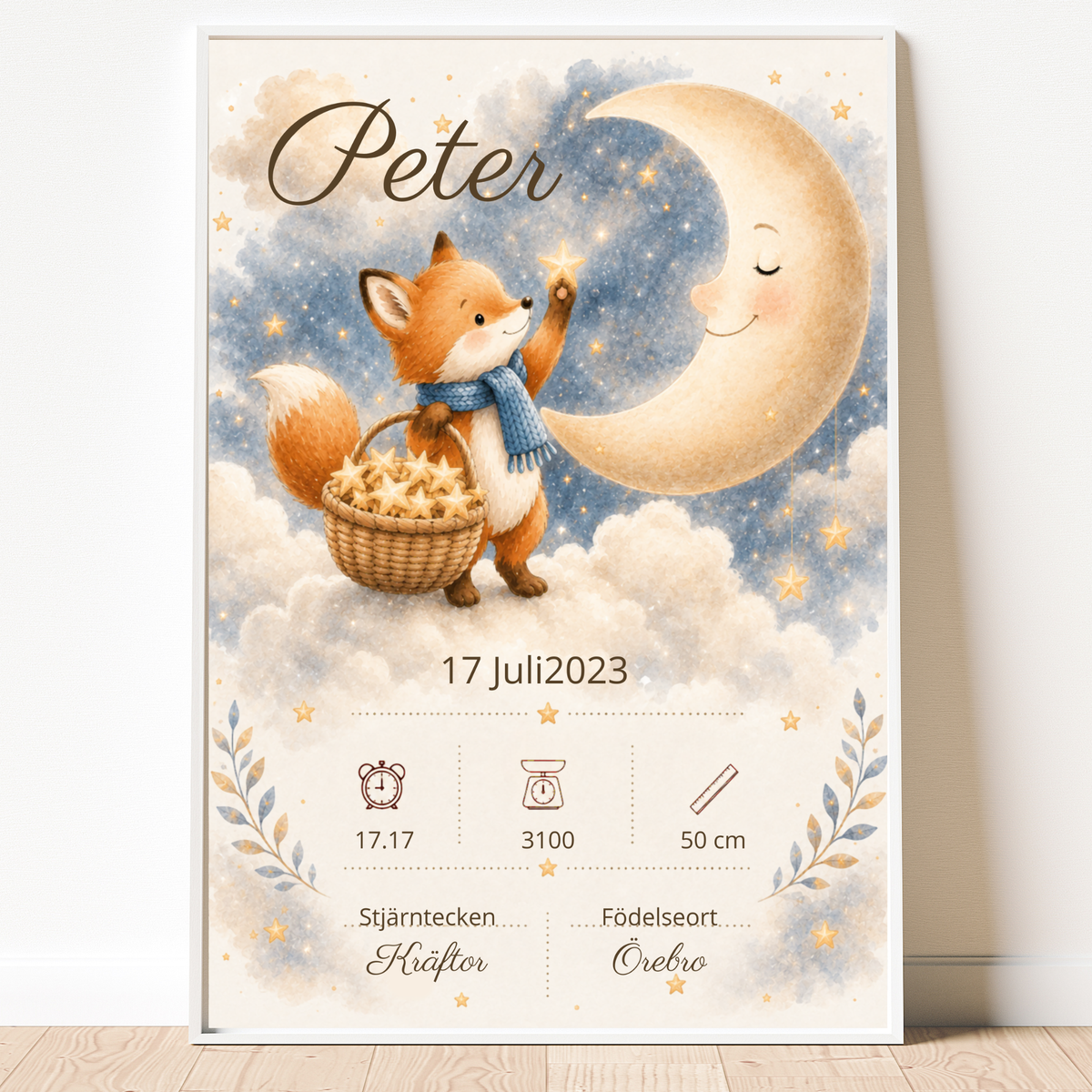Personalisiertes Geburtsposter – Fuchs und Sterne – Taufbild mit Fuchsmotiv
