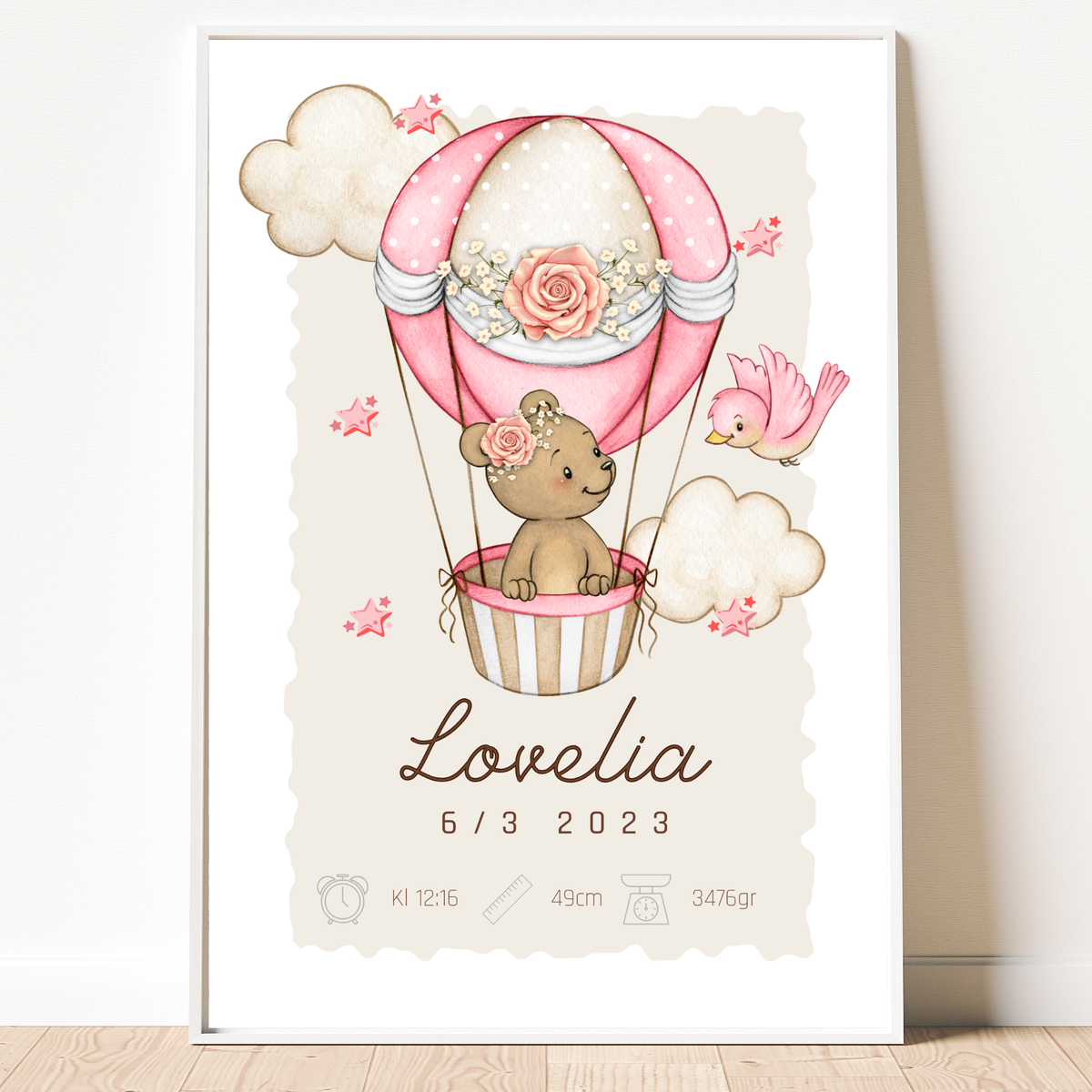 Personalisiertes Geburtsposter – Teddy im rosa Heißluftballon – Taufbild