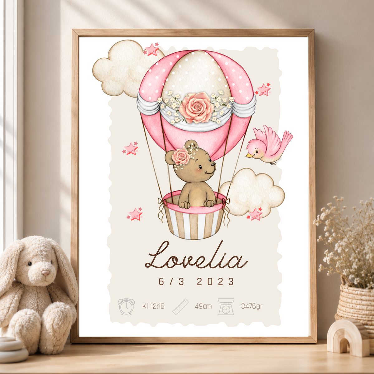 Personlig födelsetavla – Nalle i rosa luftballong – doptavla