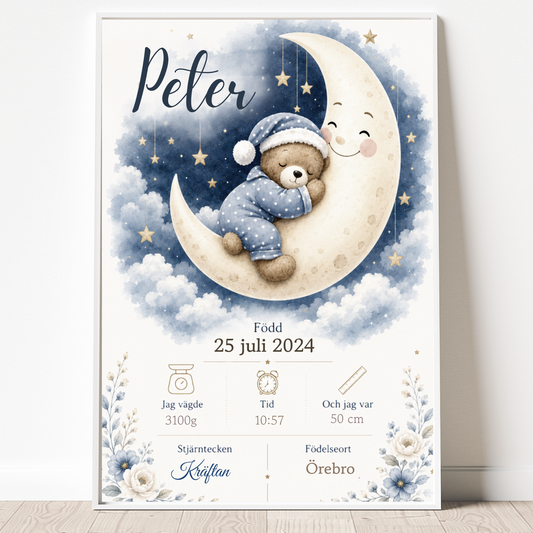 Personlig födelsetavla – Godnatt Nalle – Doptavla med sovande nalle