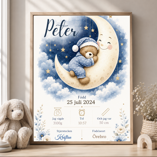 Personlig födelsetavla – Godnatt Nalle – Doptavla med sovande nalle