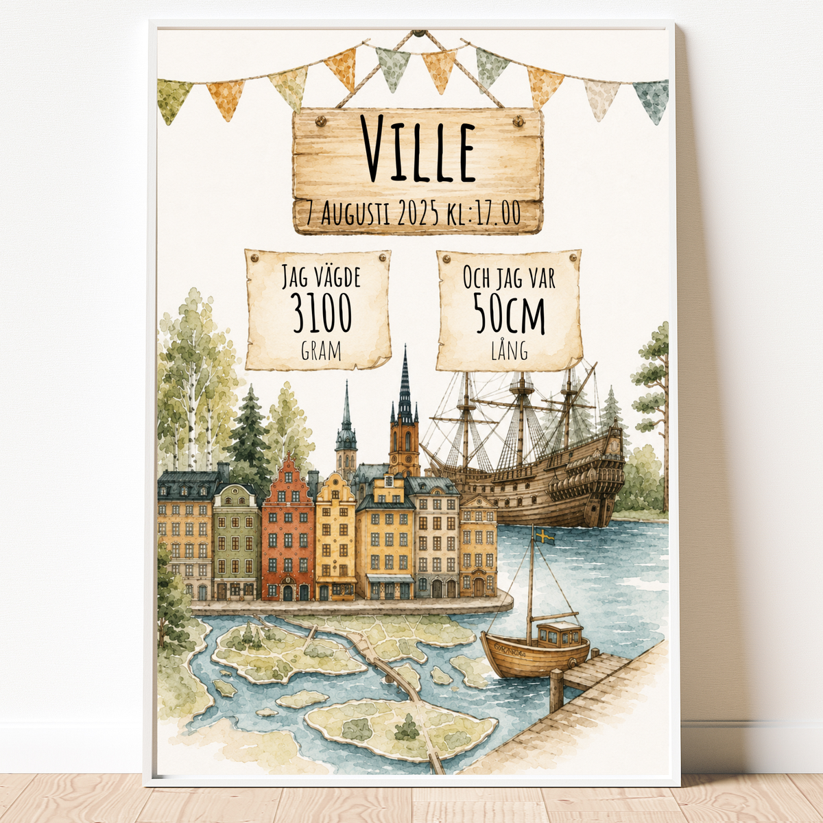 Personalisiertes Geburtsposter – Stockholm – Taufbild mit Stockholm-Motiv