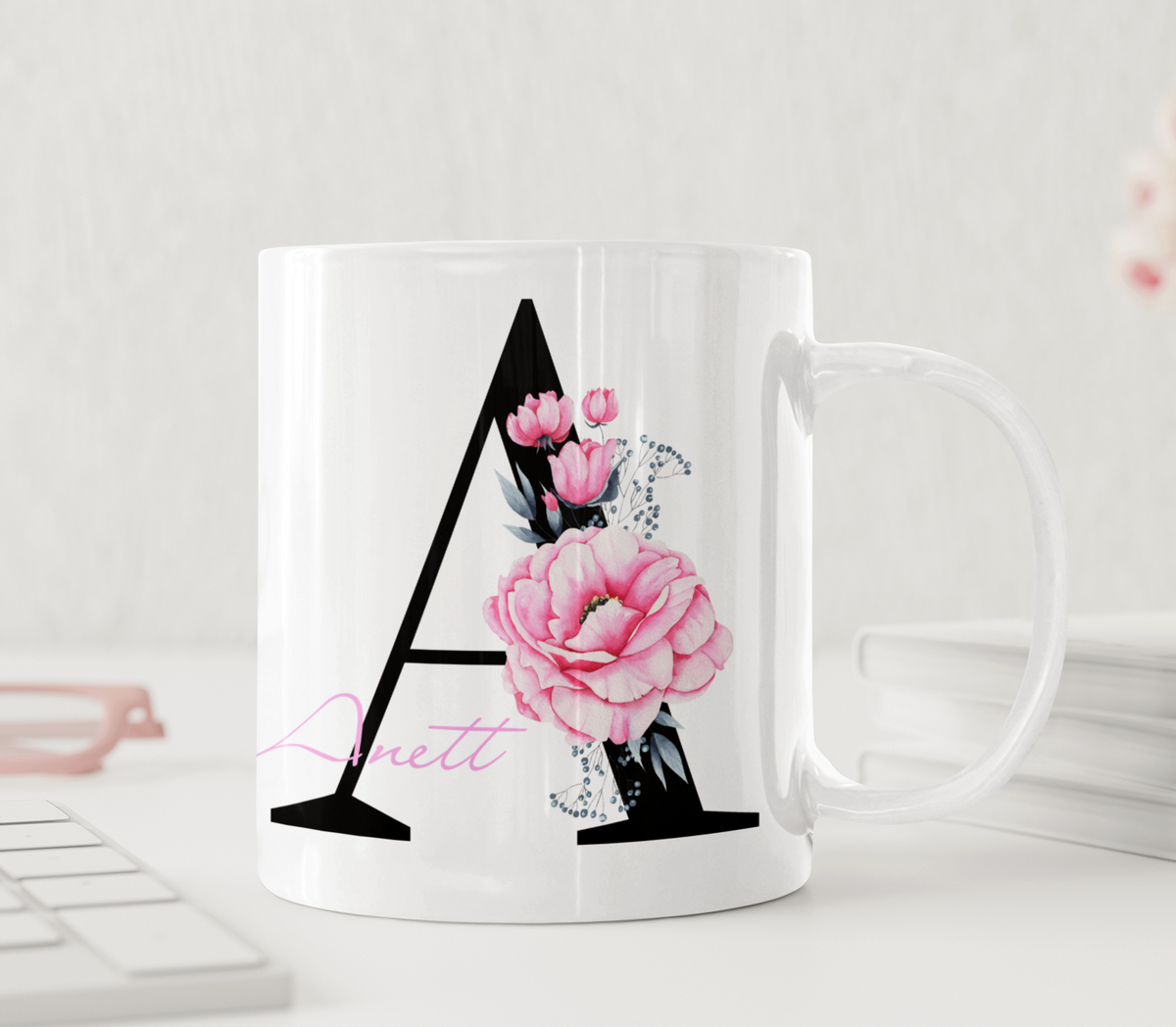 Personalisierte Tasse – Romantische rosa Pfingstrose – Tasse mit Namen